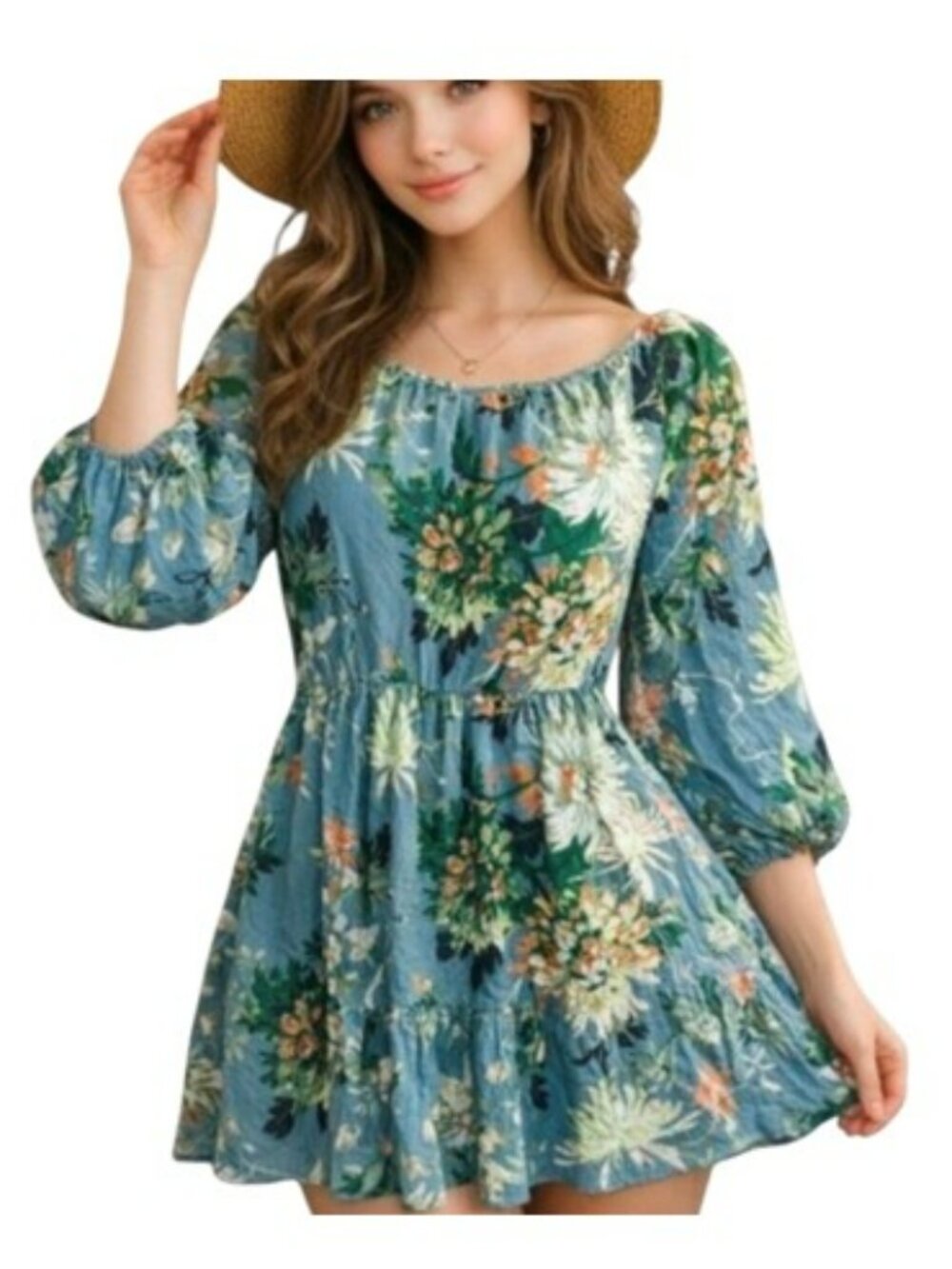Women’s Boho Floral Mini Dress Size Small Blue Green Peasant Cottagecore Spring